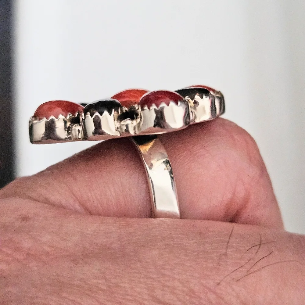 CORAL AND BLACK JACK DAHLIA RING 925 STERLING SILVER SIZE 9.5